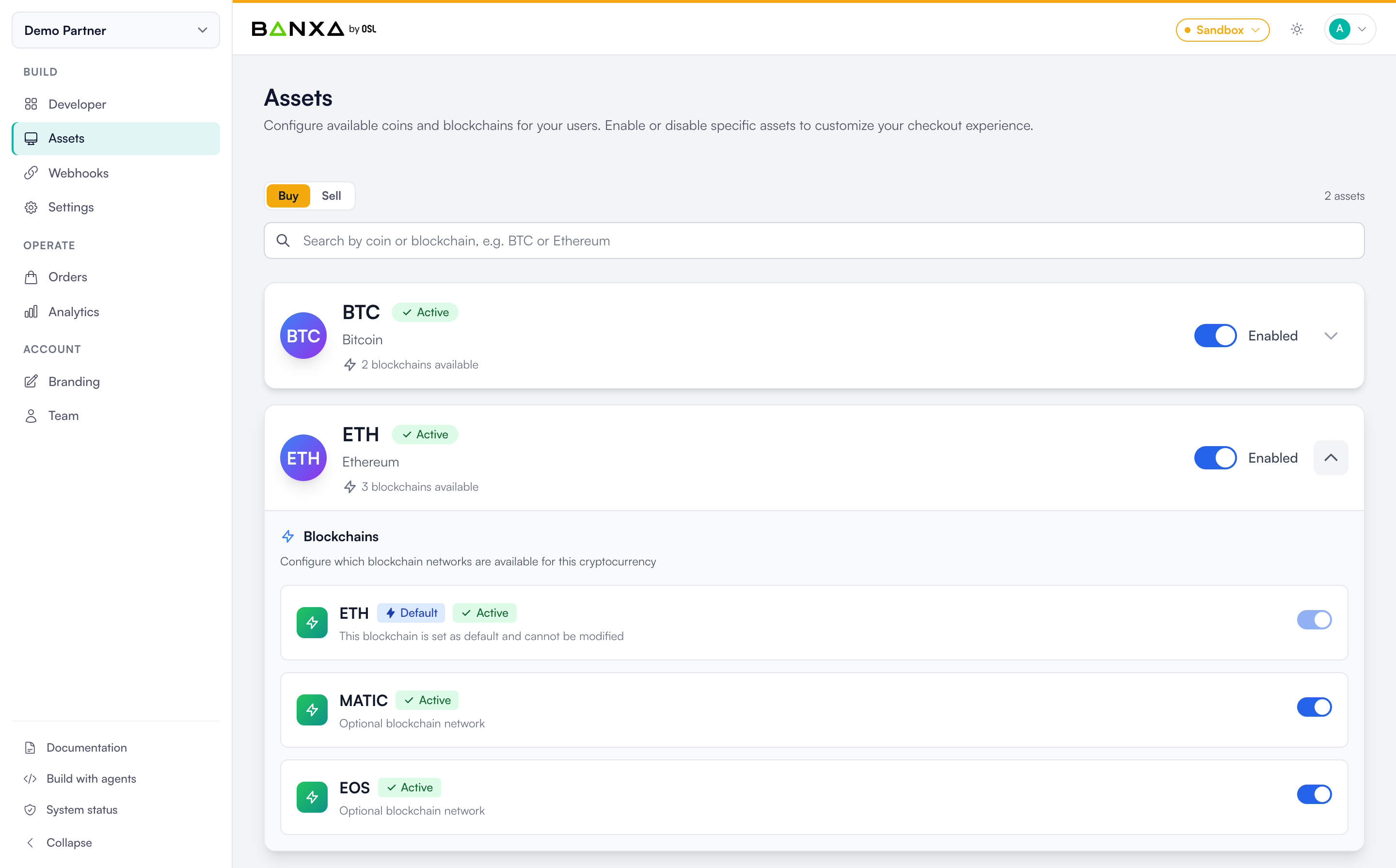 Assets management — coin and blockchain selector