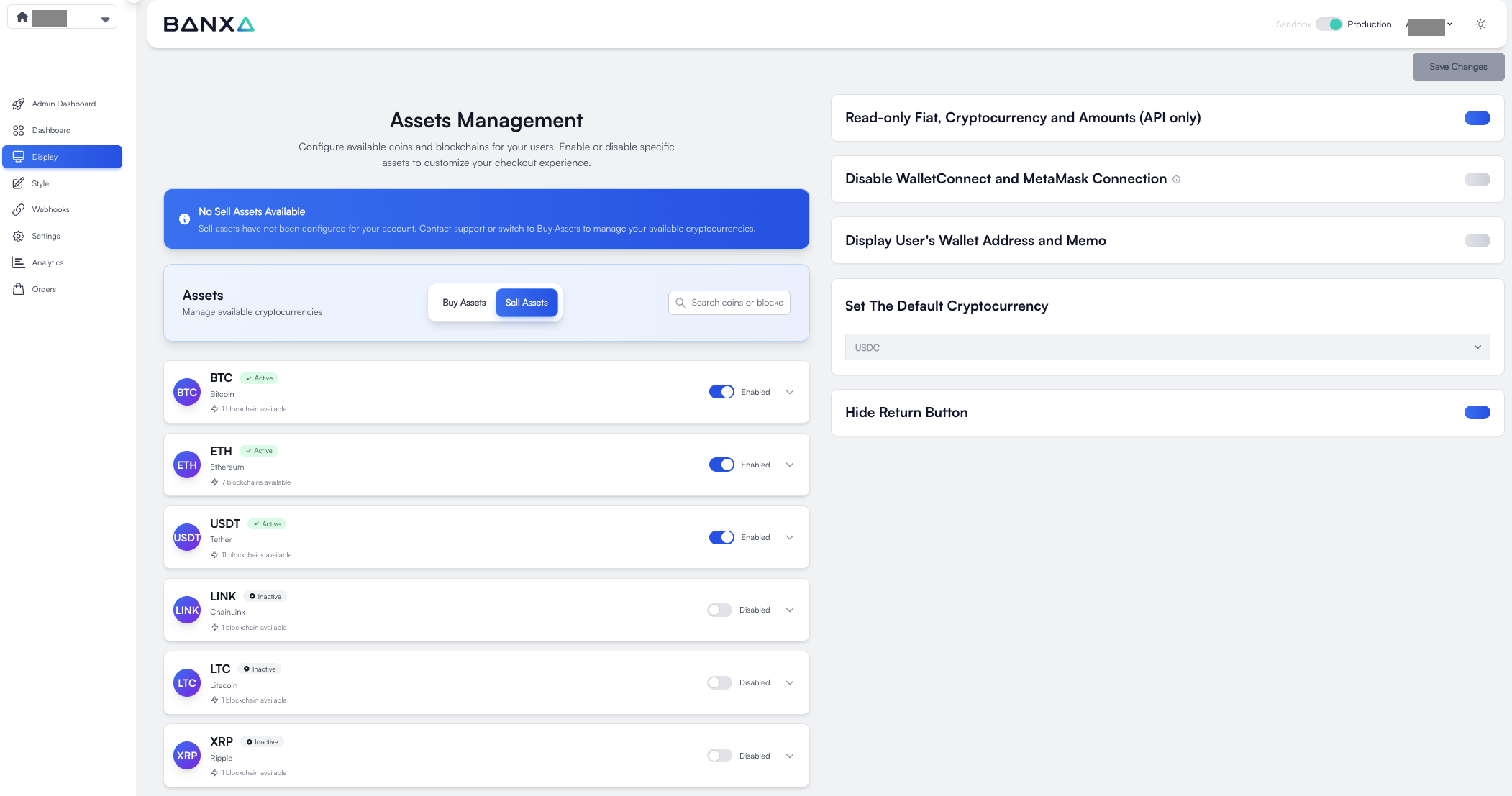 Assets management — coin and blockchain selector