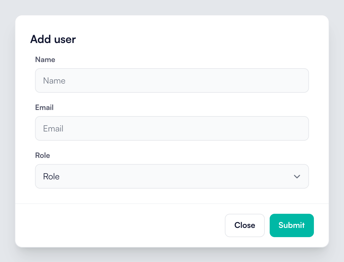 Add user dialog with name, email and role fields