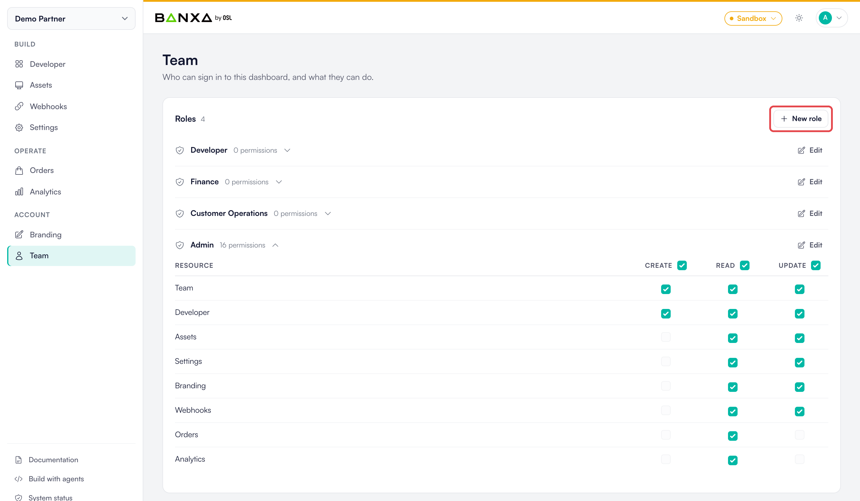Team page with the New role button and a role expanded to show its permissions