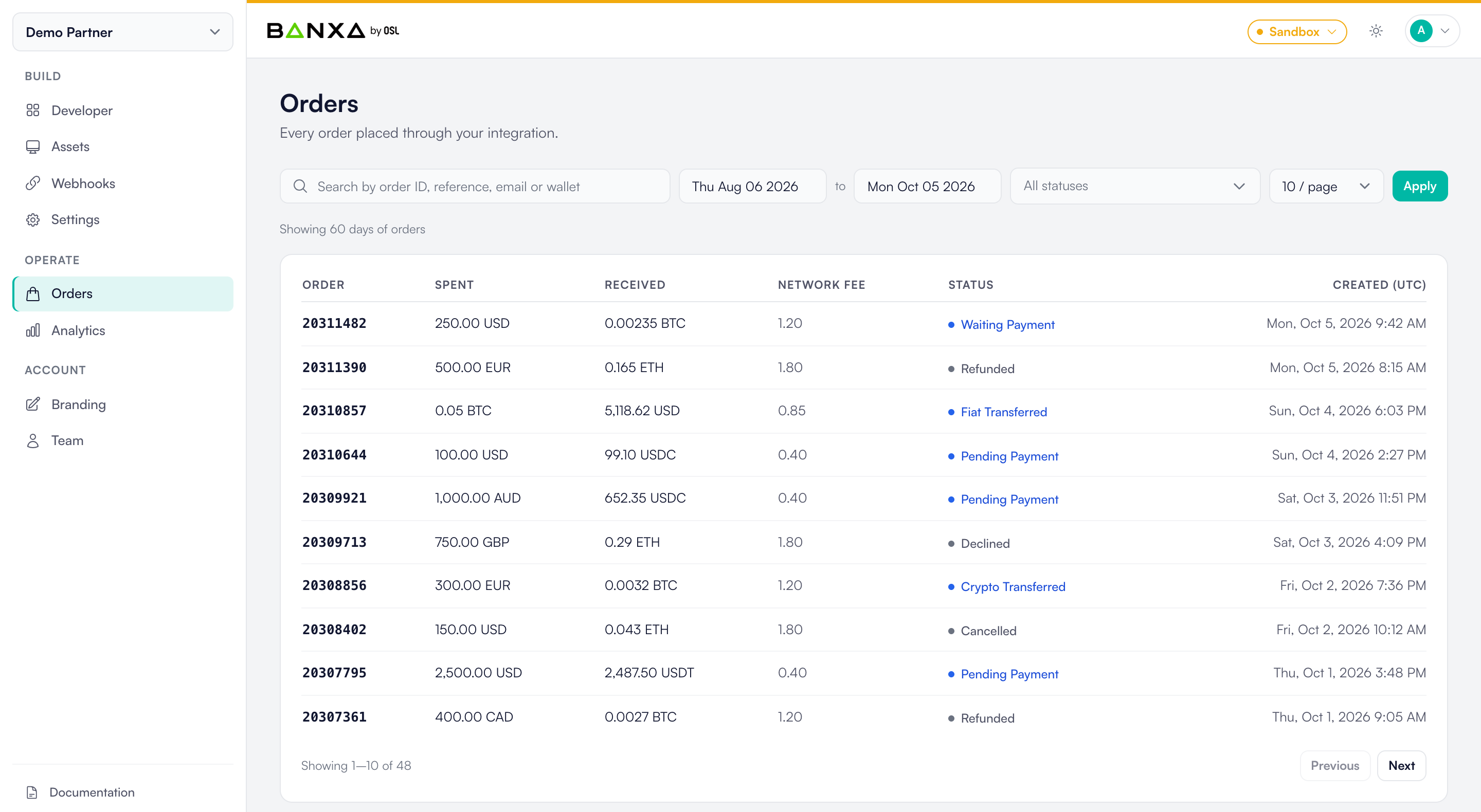 Orders page with search, date range and status filters above the orders table